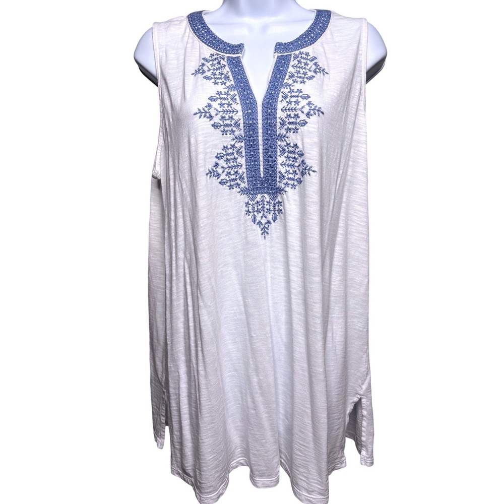 J. JILL Womens White Blue Embroidered Tunic Tank Top M Boho Airy Casual Coastal